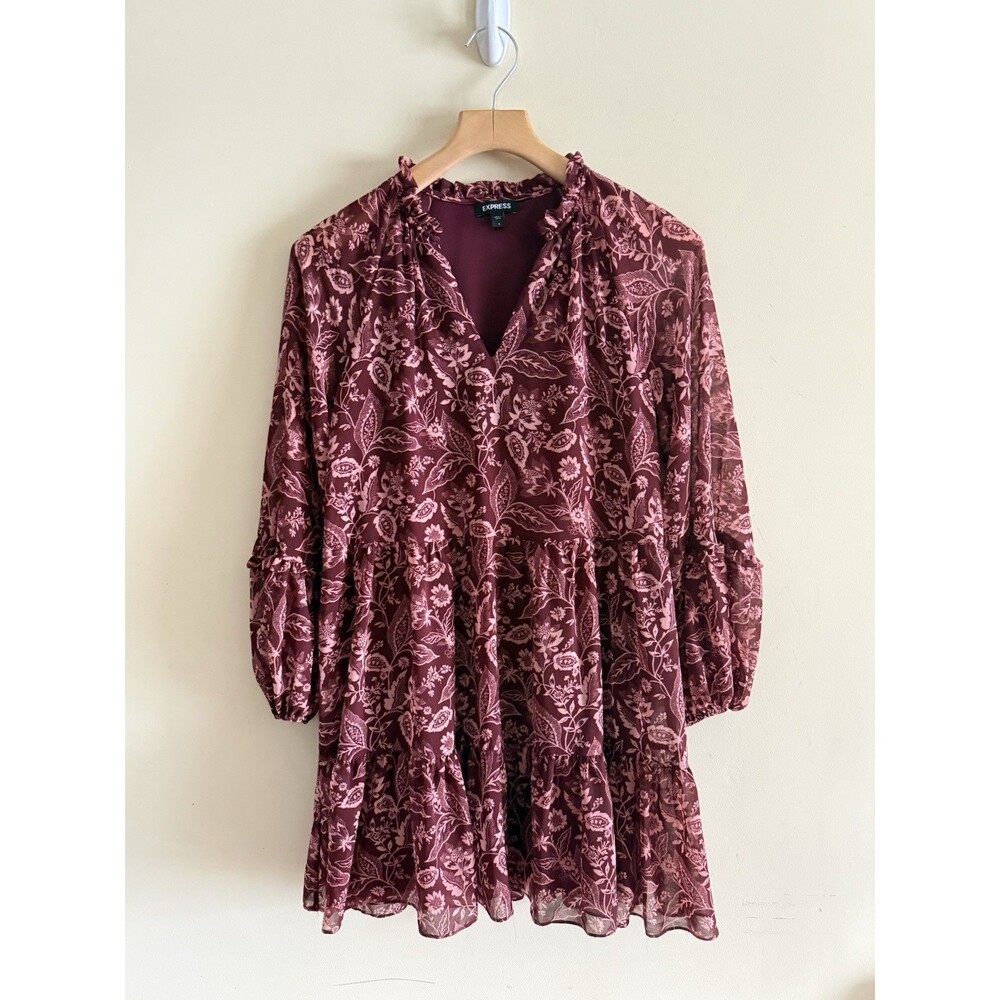 Express burgundy chiffon mini dress Sheer Sleeve Tiered Cottage Small